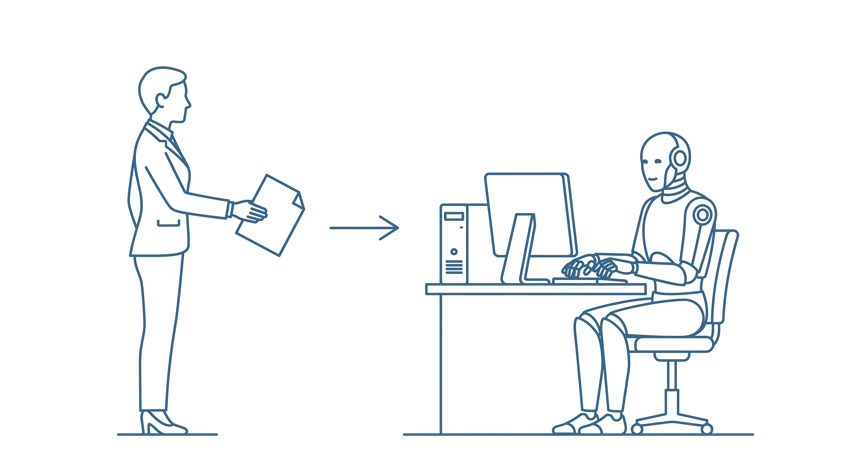 Una persona delega un lavoro a un assistente digitale che usa il computer