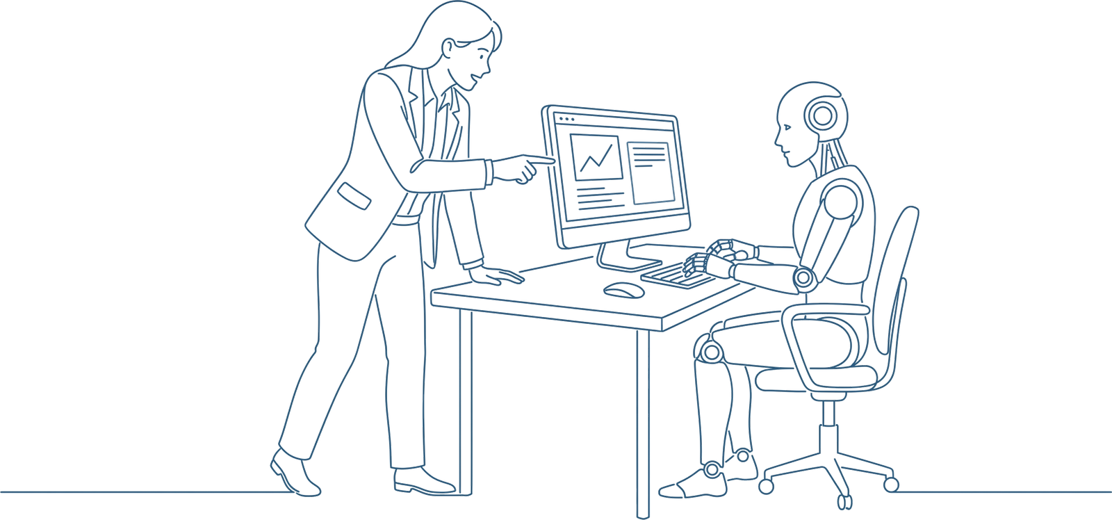 Una persona spiega a un assistente digitale come si fa il lavoro, davanti allo schermo